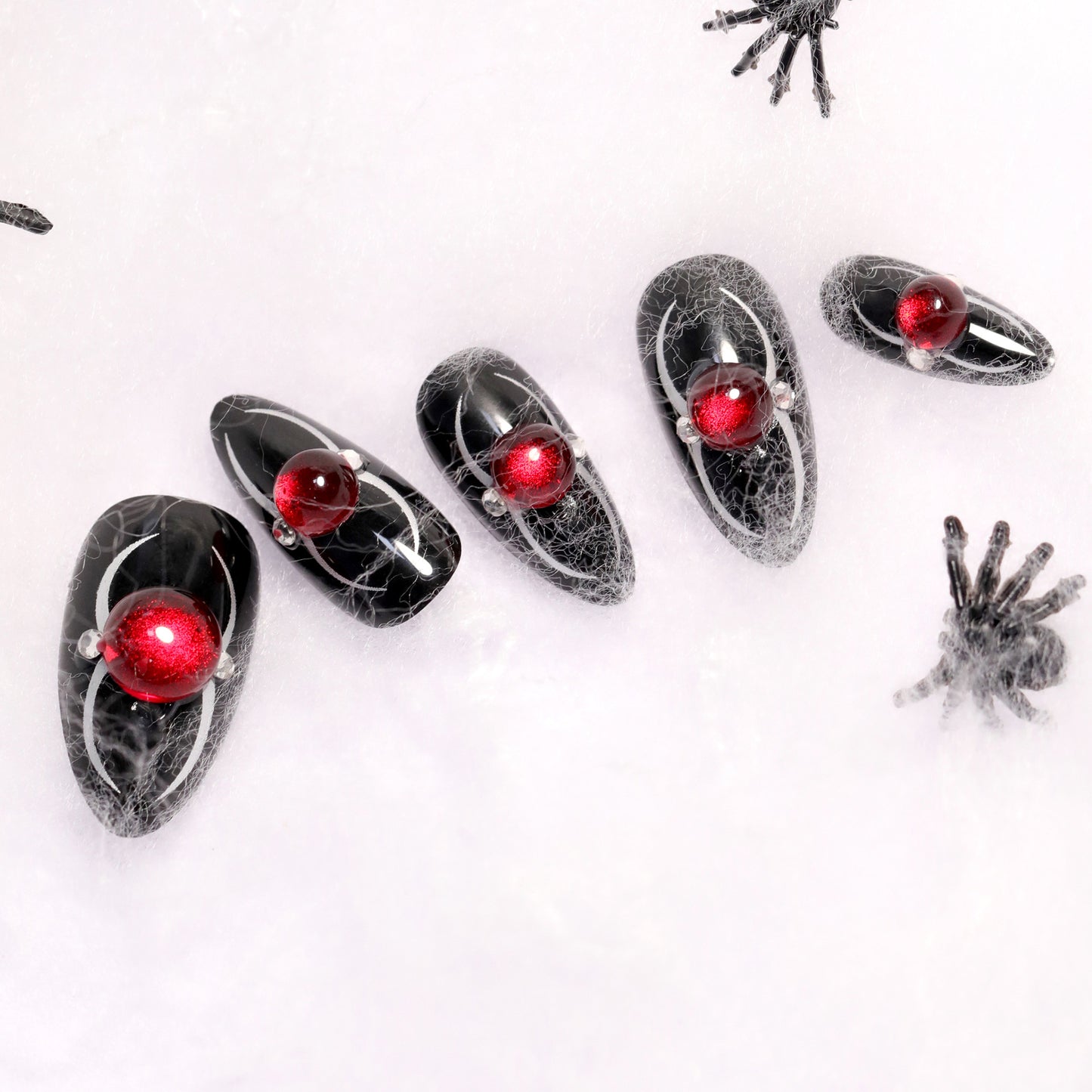 Spooky Elegance Medium Almond Black Press On Nails with Cobweb Design and Red Accents