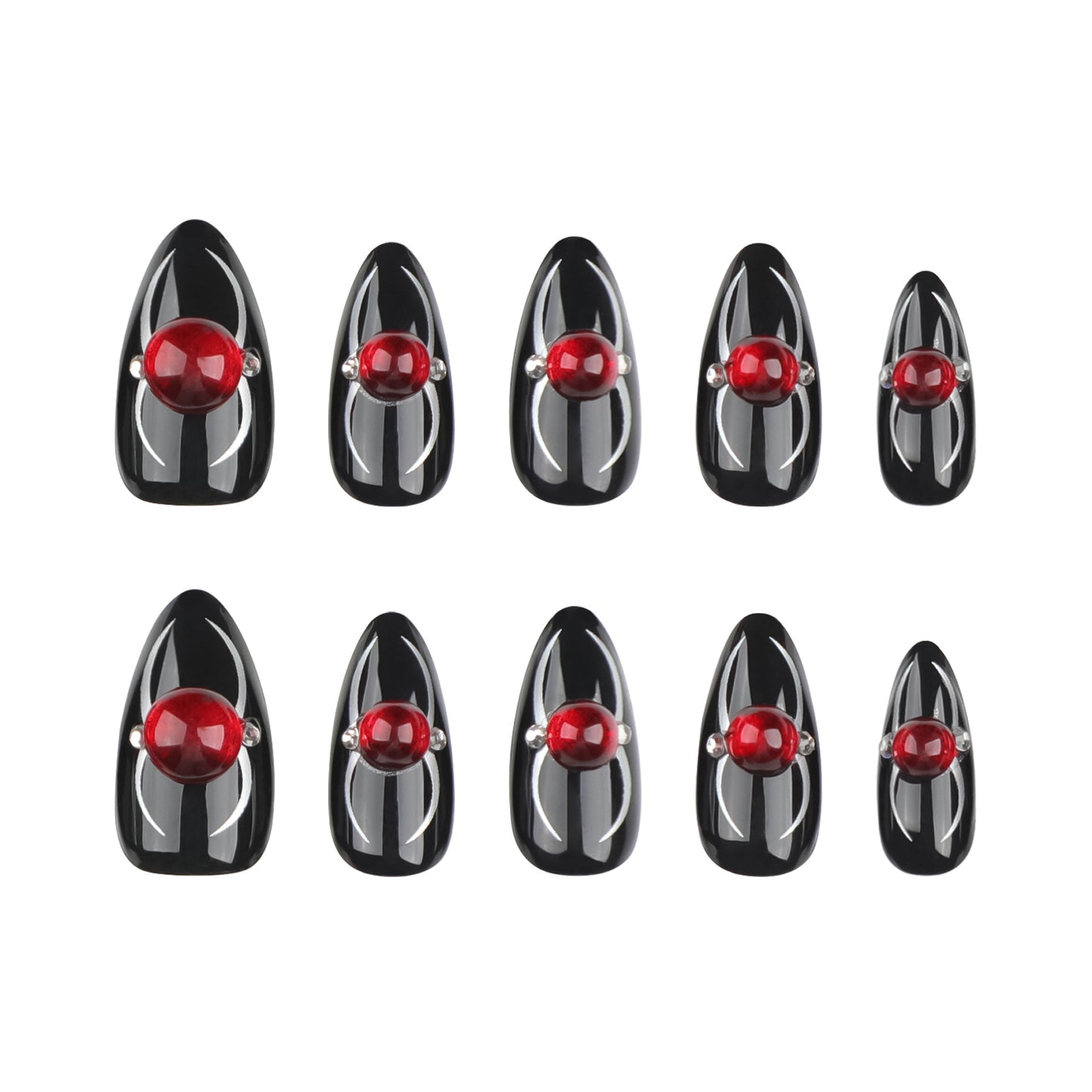 Vampire Elegance Medium Almond Black Press On Nails with Red Gem Accent