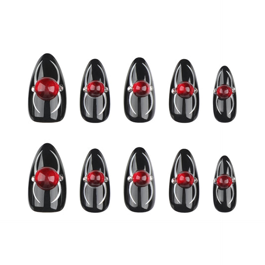 Vampire Elegance Medium Almond Black Press On Nails with Red Gem Accent