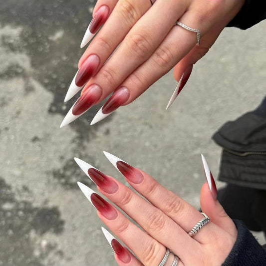 Vampire Chic Extra Long Stiletto Gradient Ombre Red to White Press On Nail Set with Dual-Tone Design