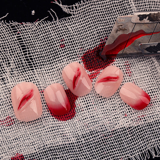 Vampire Chic Short Round Deep Red Ombre Press On Nails with Blood Drip Accent