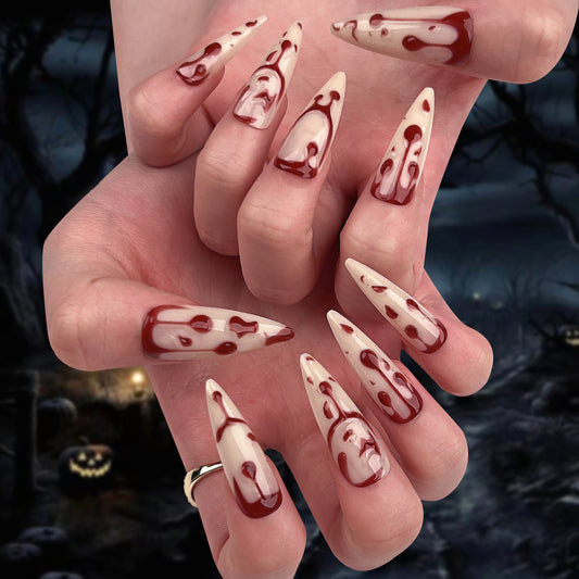 Halloween Elegance Long Stiletto Cream Press On Nails with Blood Drip Detail