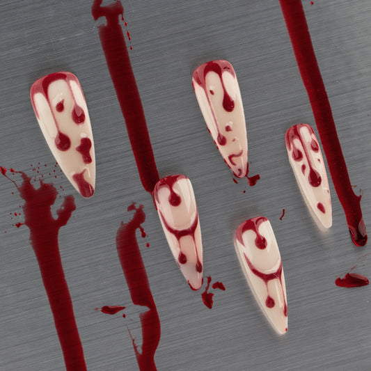 Vampire Elegance Extra Long Stiletto Maroon and Beige Swirl Press On Nail Set with Blood Drip Design