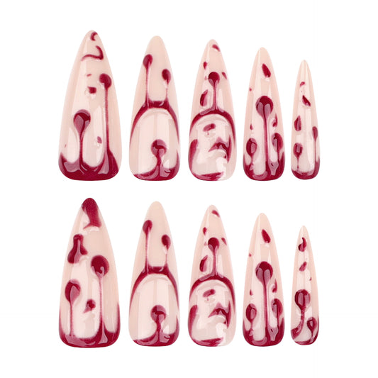 Vampire Elegance Extra Long Stiletto Burgundy Swirl Press On Nail Set with Blood Drip Design