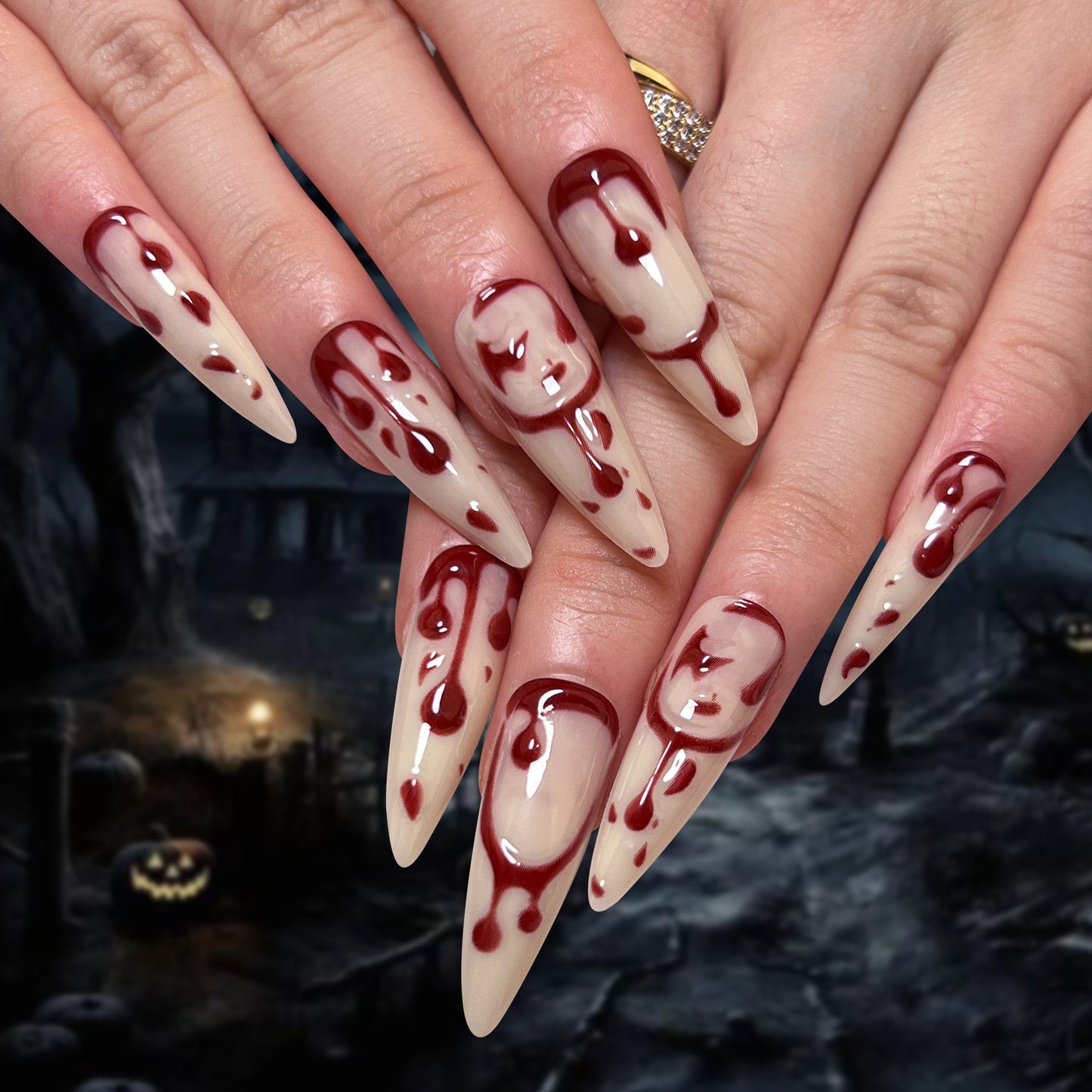 Halloween Horror Extra Long Stiletto Beige and Blood Red Drip Press On Nail Set