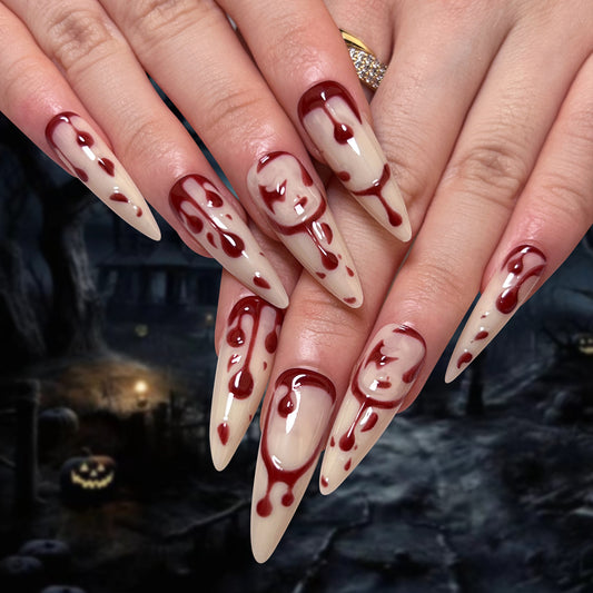 Halloween Horror Extra Long Stiletto Beige and Blood Red Drip Press On Nail Set