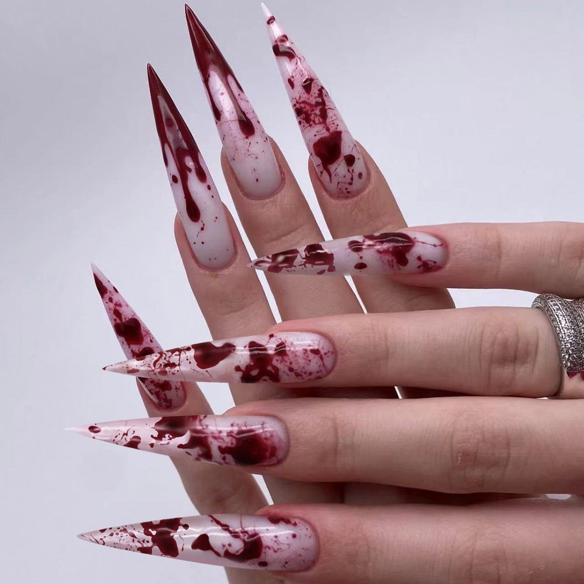 Horror Splatter Long Stiletto False Nails White and Blood Red Fake Nail Set with Halloween Theme Design
