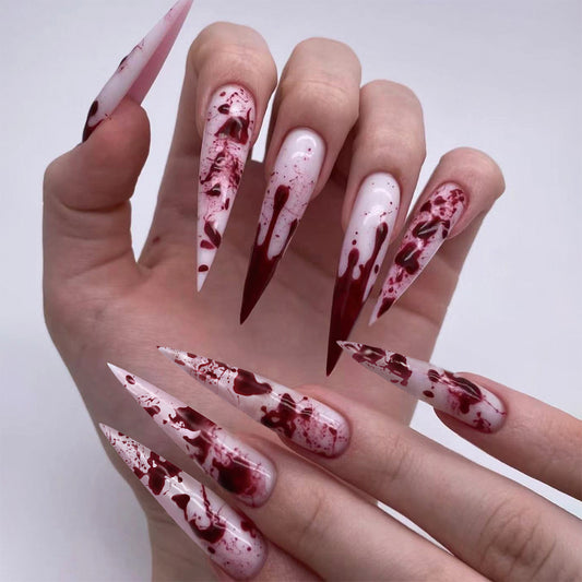 Vampire Elegance Long Stiletto Burgundy Splash White Press On Nail Set With Blood Splatter Design