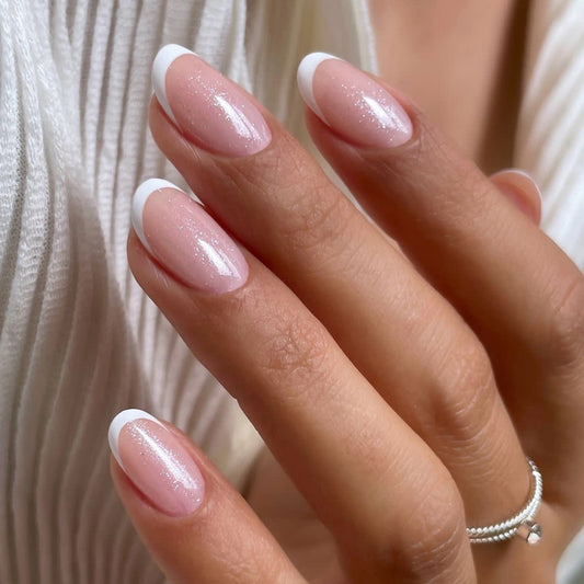 Elegant Fairy Tale Press On Nail Set Short Oval Pink with Sparkling French Tips