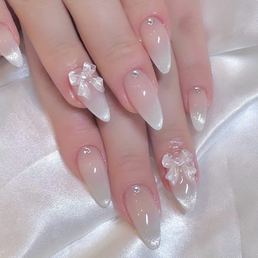 Elegant Dream White Stiletto Press On Nails Medium Ombre with Bow and Rhinestones