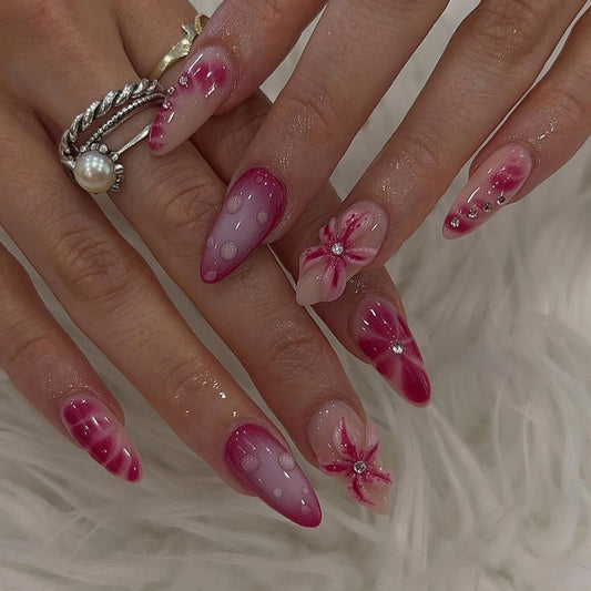Floral Fantasy Long Almond Press On Nail Set in Pink Ombre with Gems and 3D Flower Designs