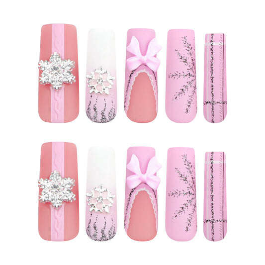 Winter Wonderland Chic Long Square Pink and White Press-On Nails with Snowflake and Bow Accents