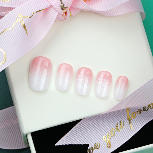 Blossom Elegance Press On Nail Set Short Round Pink Ombre with Snowflake Design