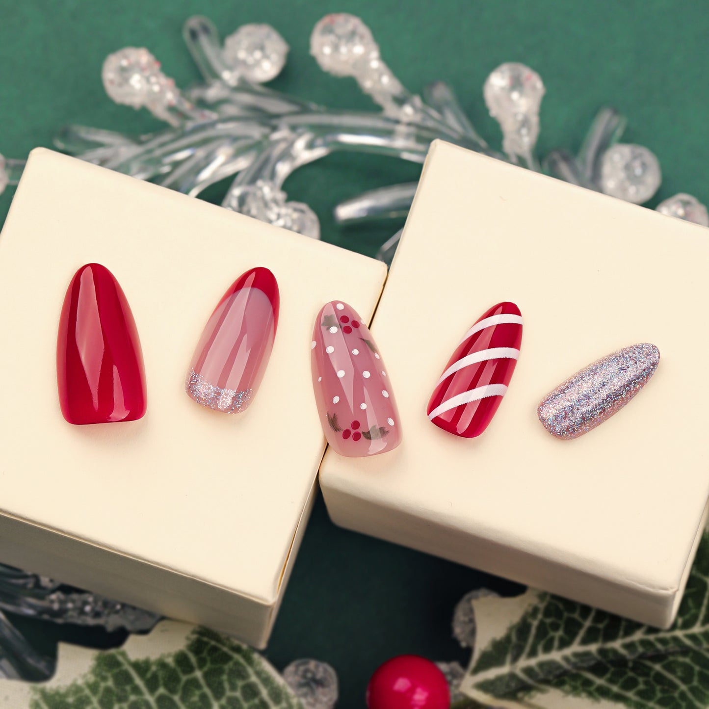 Festive Delight Medium Almond Red Glittering Press On Nail Set with Charming Candy Cane Design and Holiday Floral Accents