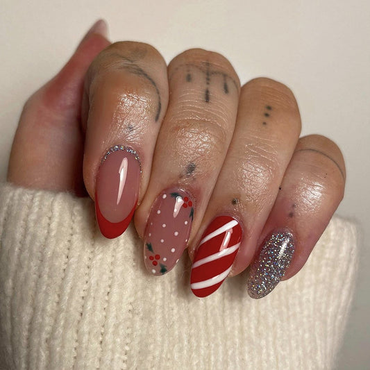 Festive Holiday Almond Medium Length Red and Beige Press On Nail Set with Glitter and Candy Cane Design