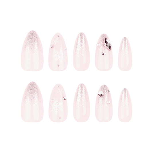 Winter Wonderland Medium Almond Pink Glitter Press-On Nail Set with Charming Snowflake Designs and Elegant Gem Accents