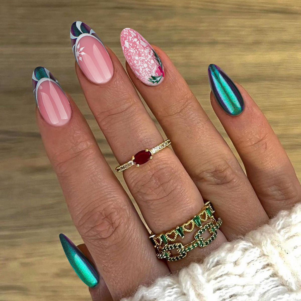 Tropical Paradise Medium Almond Pink and Green Nail Set with Stunning Floral Design and Iridescent Accents