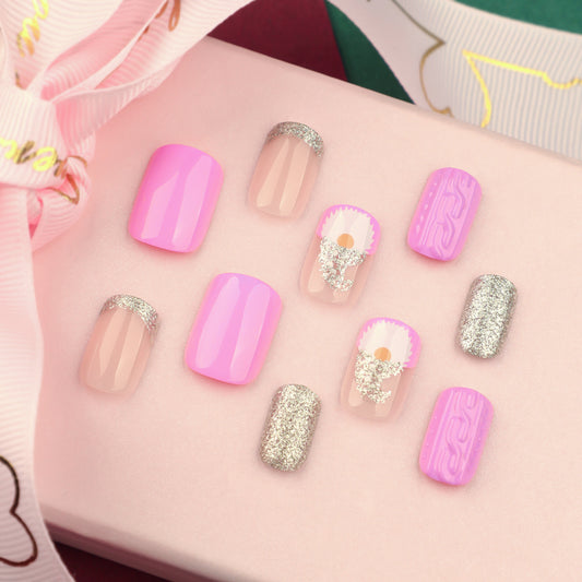 Charming Blossom Press On Nail Set in Short Squoval Pink with Glitter Accent and Unique Pattern Design