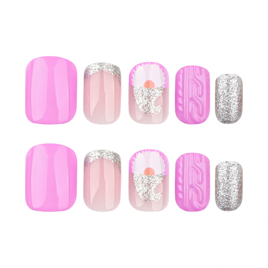 Whimsical Blossoms Press On Nail Set in Short Squoval Pink with Sparkling Silver Accents and Floral Design