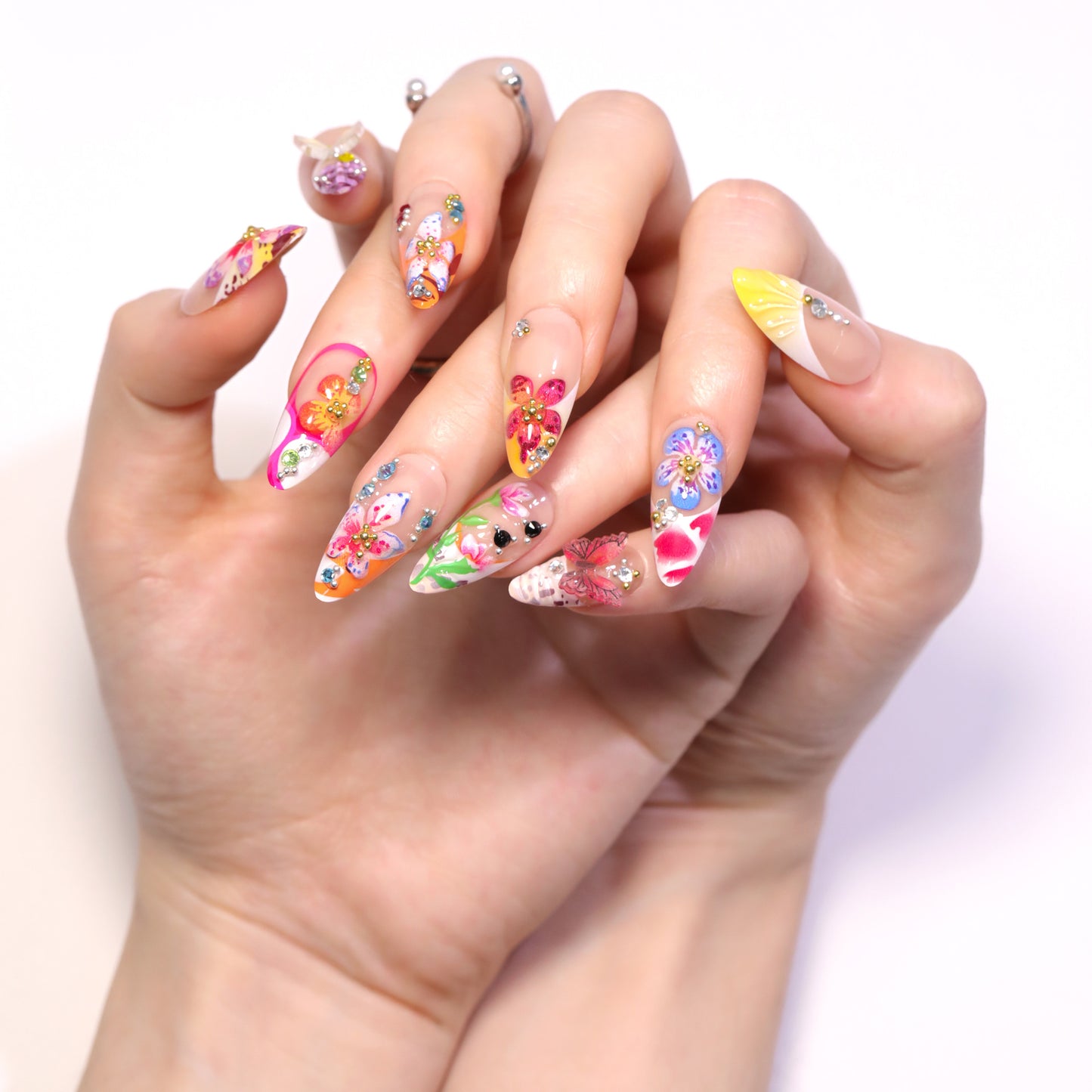 Whimsical Floral Fantasy Medium Almond Colorful with Sparkling Gems Press On Nail Set