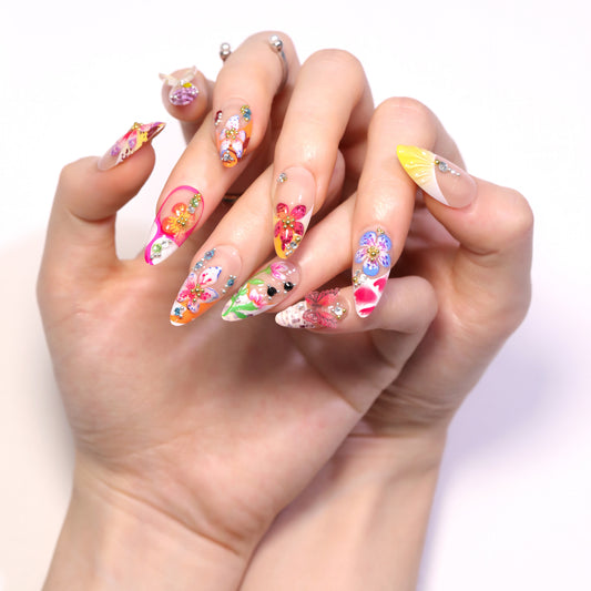 Whimsical Floral Fantasy Medium Almond Colorful with Sparkling Gems Press On Nail Set