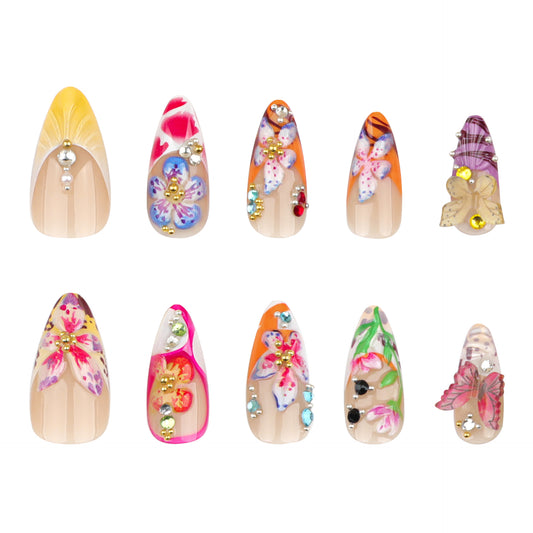 Floral Fantasy Long Almond Press On Nail Set in Vibrant Multicolor with Stunning Floral Embellishments