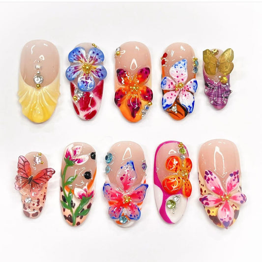 Floral Fantasy Medium Almond Pink with Colorful Butterfly and Flower Designs Nail Set