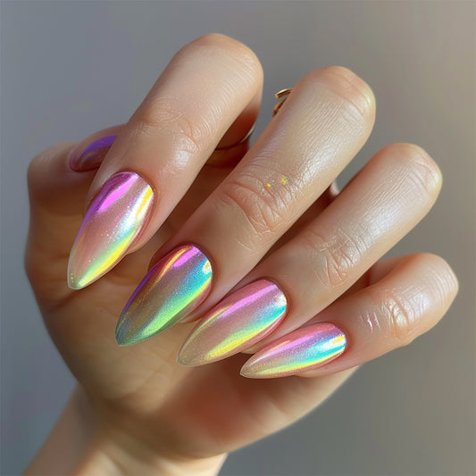 Celestial Glow Long Almond Press On Nail Set in Iridescent Pink with Shimmering Holographic Finish