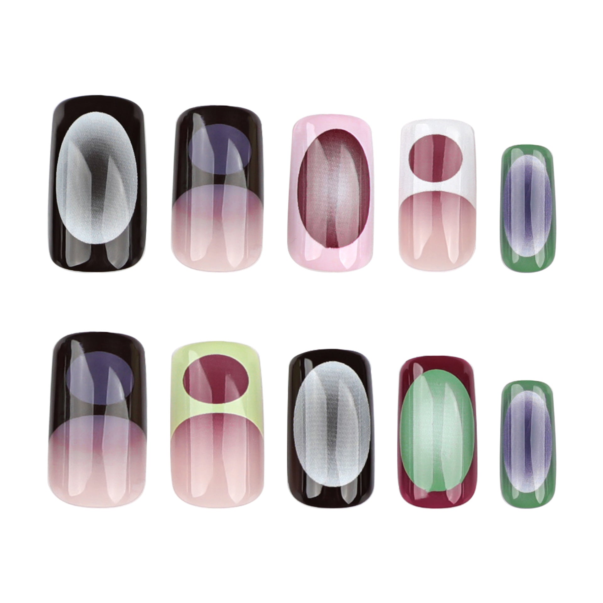 A set of multicolored squoval-shaped press-on nails with a unique textured design, displayed on a white background.