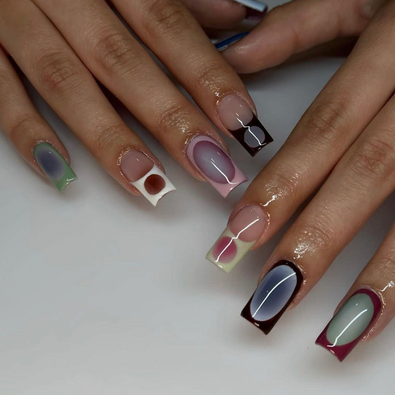 Artistic Vibes Long Square Multicolor Press On Nail Set with Unique Abstract Designs
