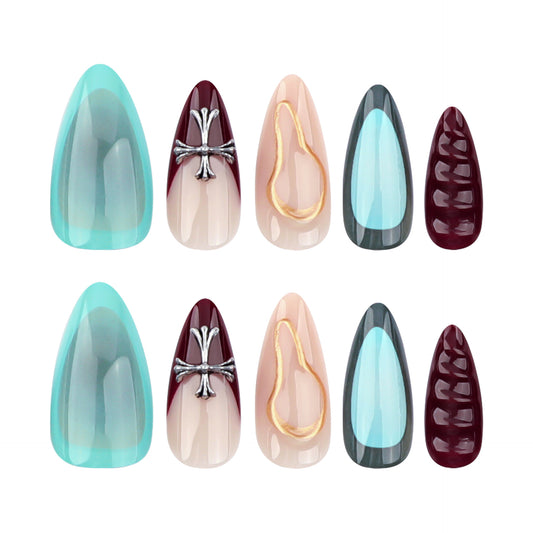 Whimsical Elegance Medium Almond Teal Burgundy and Gold Accent Press On Nail Set