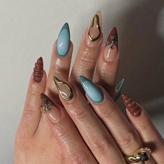 Oceanic Elegance Long Almond Shaped Teal and Brown Press On Nail Set with Unique Gold and Shell Accents