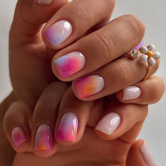 Dreamy Sunset Square Short Press On Nail Set with Ombré Pink and Purple Color Shift Feature