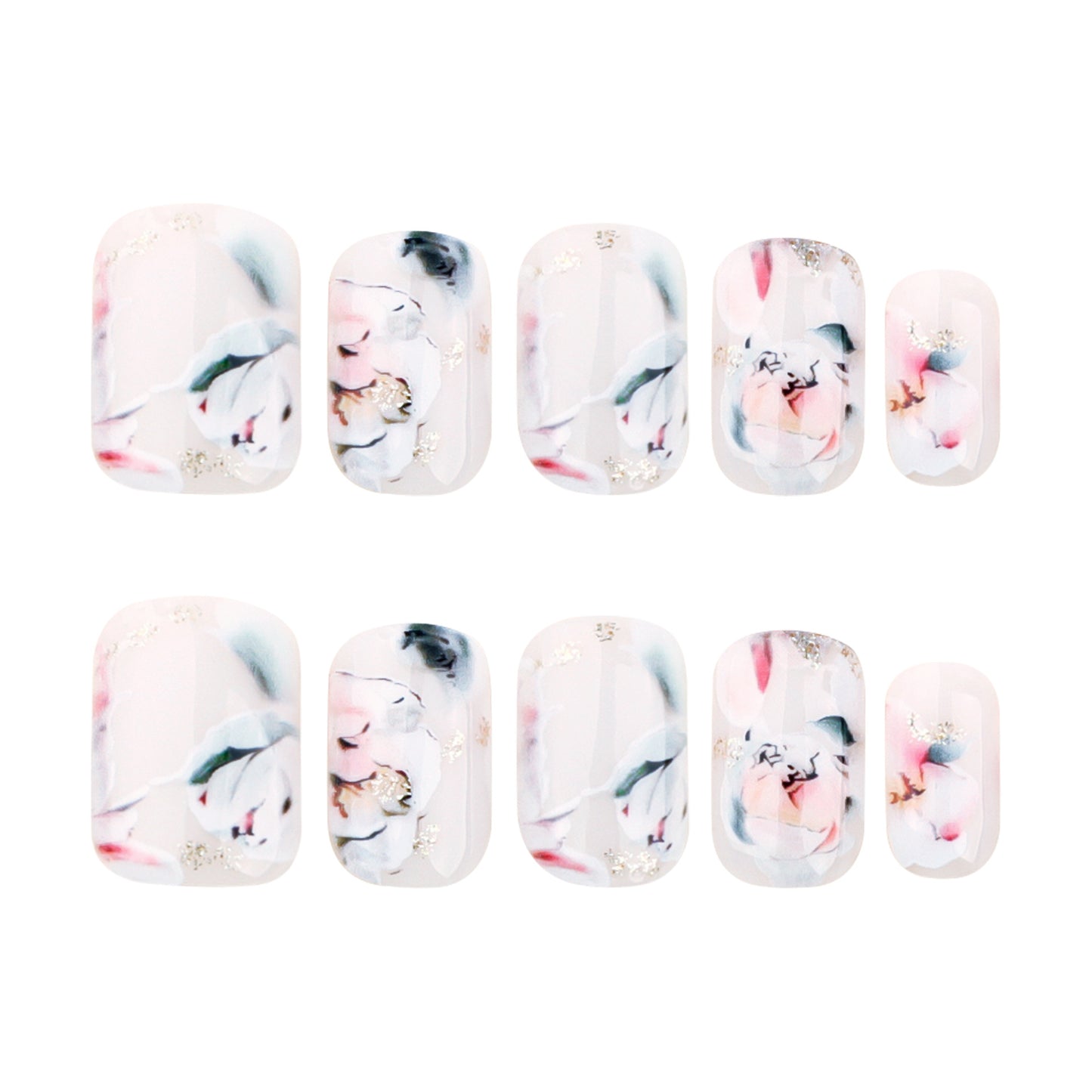 Whimsical Floral Bliss Short Squoval White Nails with Delicate Rose Design and Sparkling Accents