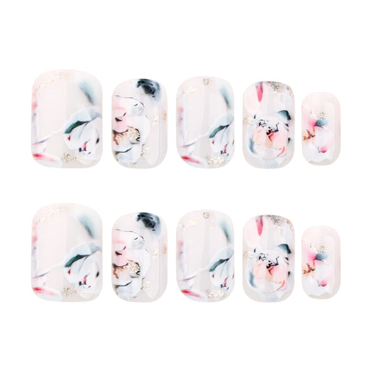 Whimsical Floral Bliss Short Squoval White Nails with Delicate Rose Design and Sparkling Accents