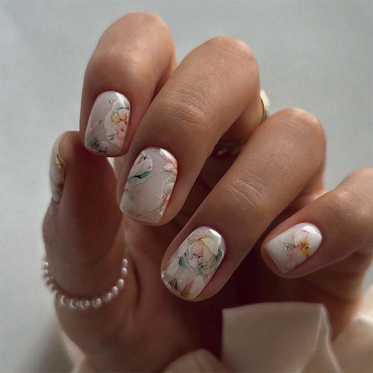 Floral Elegance Short Square White Press On Nail Set with Delicate Hand-Painted Designs