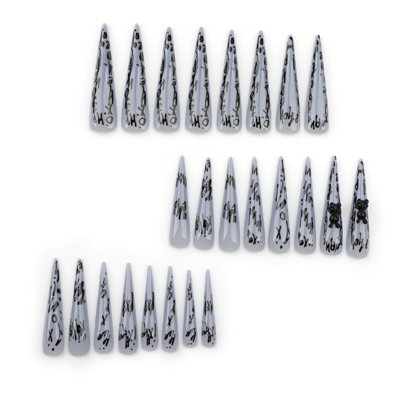 Chic Gothic Elegance Long Stiletto Gray Press On Nail Set with Unique Black Design and Adorable Bear Accent
