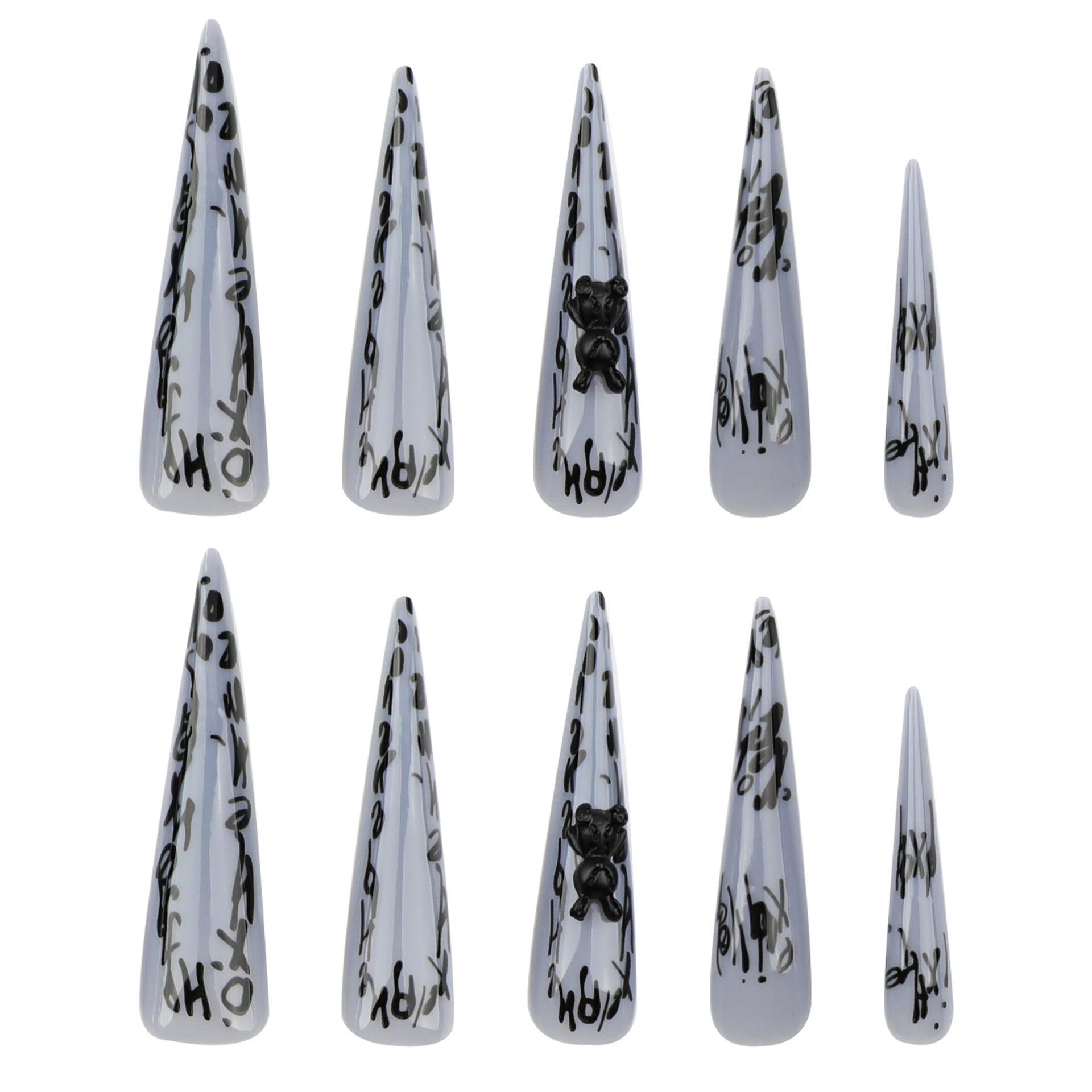 A set of press-on nails featuring a stiletto shape in gray with unique bear accents and a gothic aesthetic.
