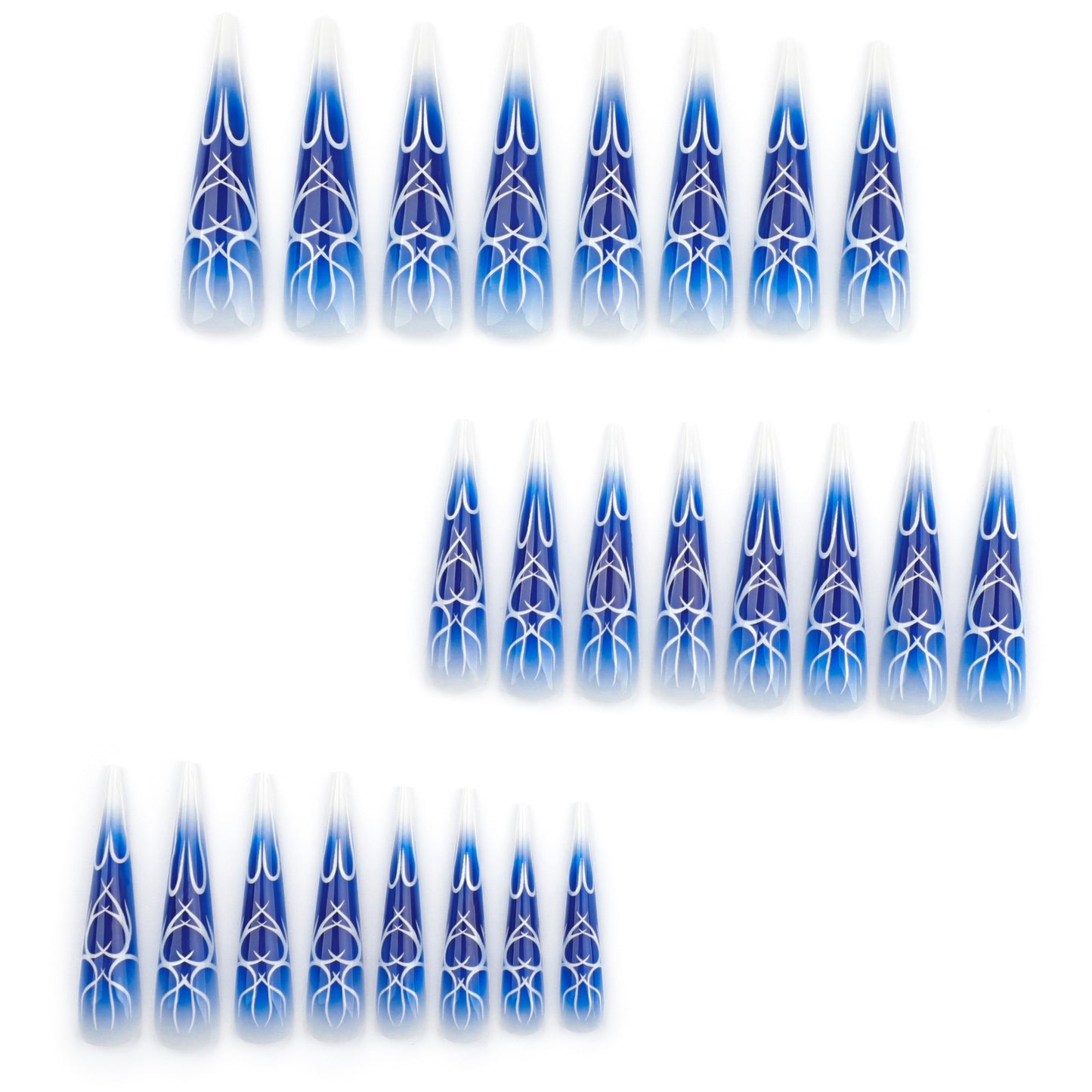 Dreamy Ocean Vibes Long Stiletto Blue Ombre Nail Set with Elegant Floral Design