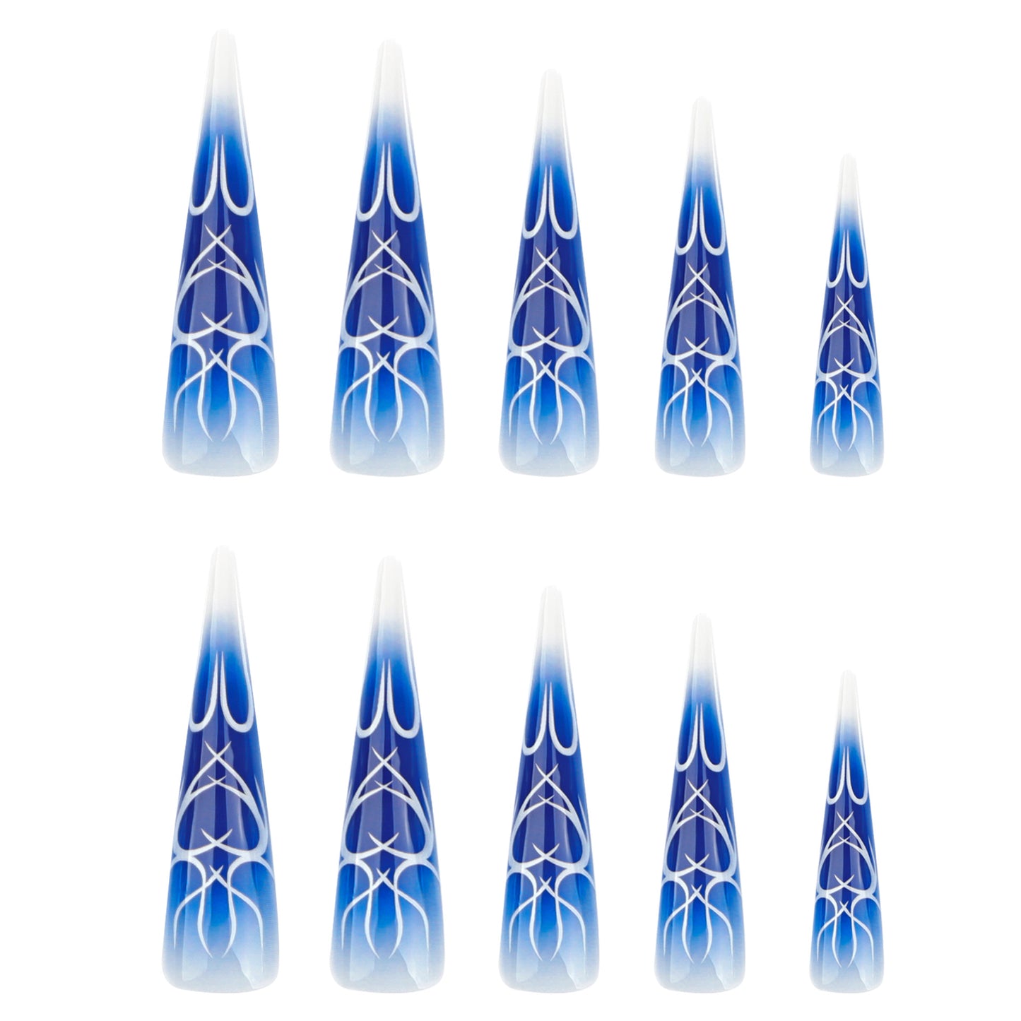 Mystical Ocean Peaks Long Stiletto Gradient Blue Press On Nail Set with Elegant White Accents