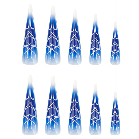 Mystical Ocean Peaks Long Stiletto Gradient Blue Press On Nail Set with Elegant White Accents