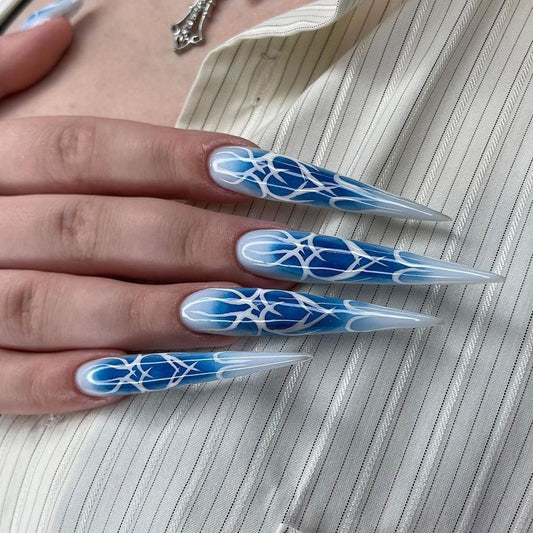 Frozen Ocean Fantasy Long Stiletto Blue Gradient Nails with Intricate White Lace Design