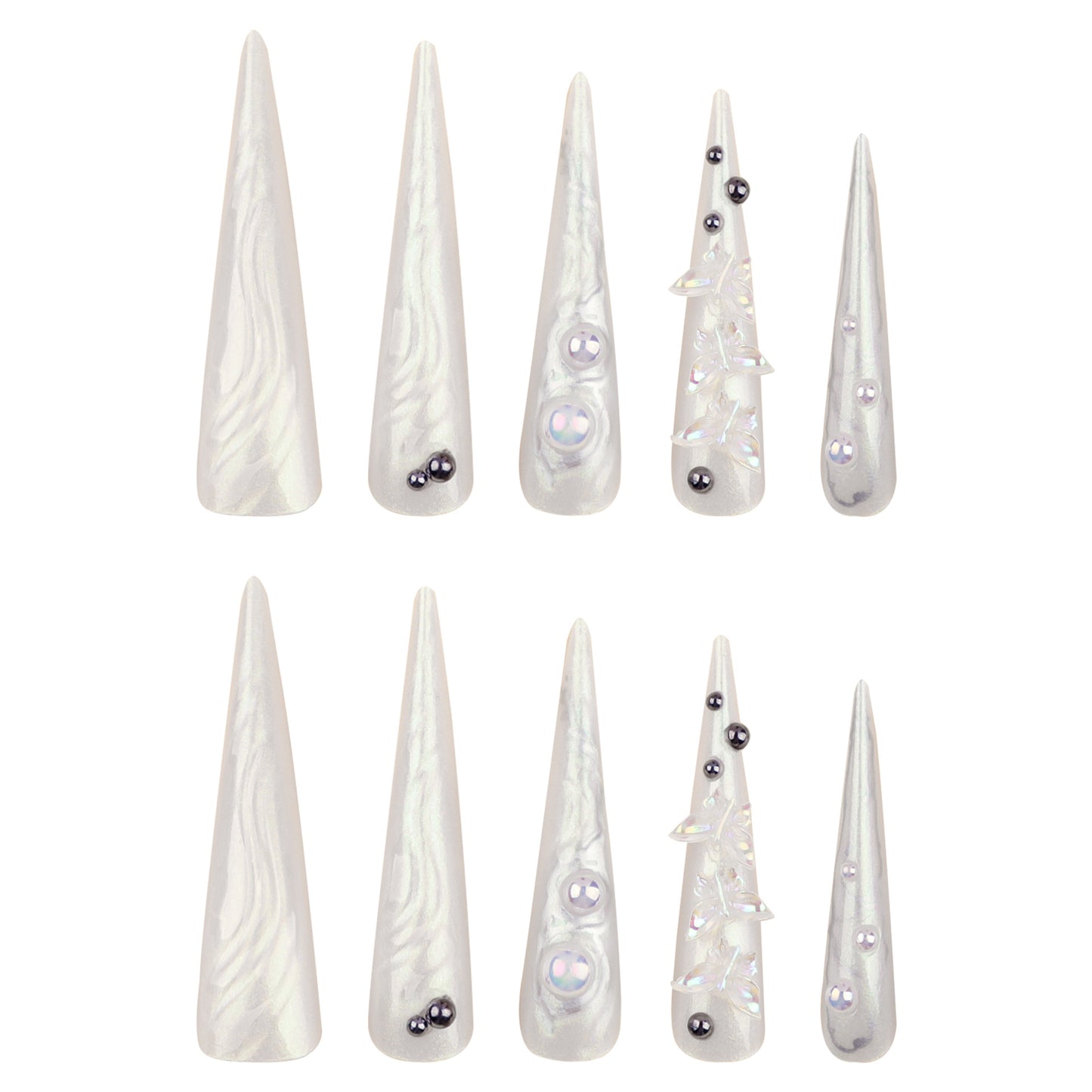 Celestial Glamour Long Stiletto Shaped Iridescent White Press On Nail Set with Elegant Gemstone Accents
