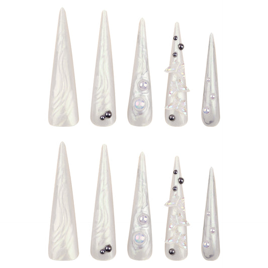 Celestial Glamour Long Stiletto Shaped Iridescent White Press On Nail Set with Elegant Gemstone Accents