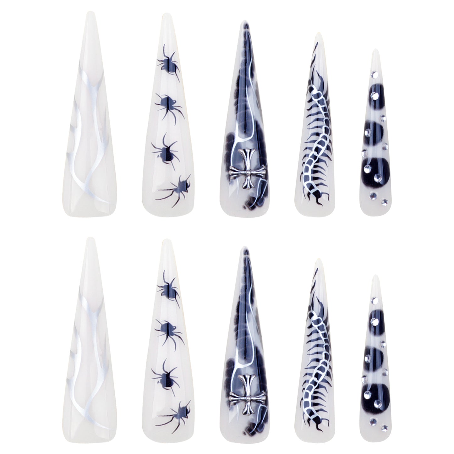 Gothic Elegance Long Stiletto White and Black Press On Nail Set with Intricate Bug and Bone Designs