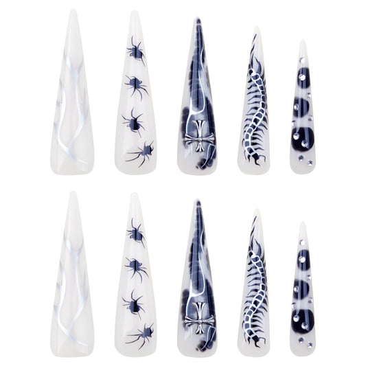 Gothic Elegance Long Stiletto White and Black Press On Nail Set with Intricate Bug and Bone Designs