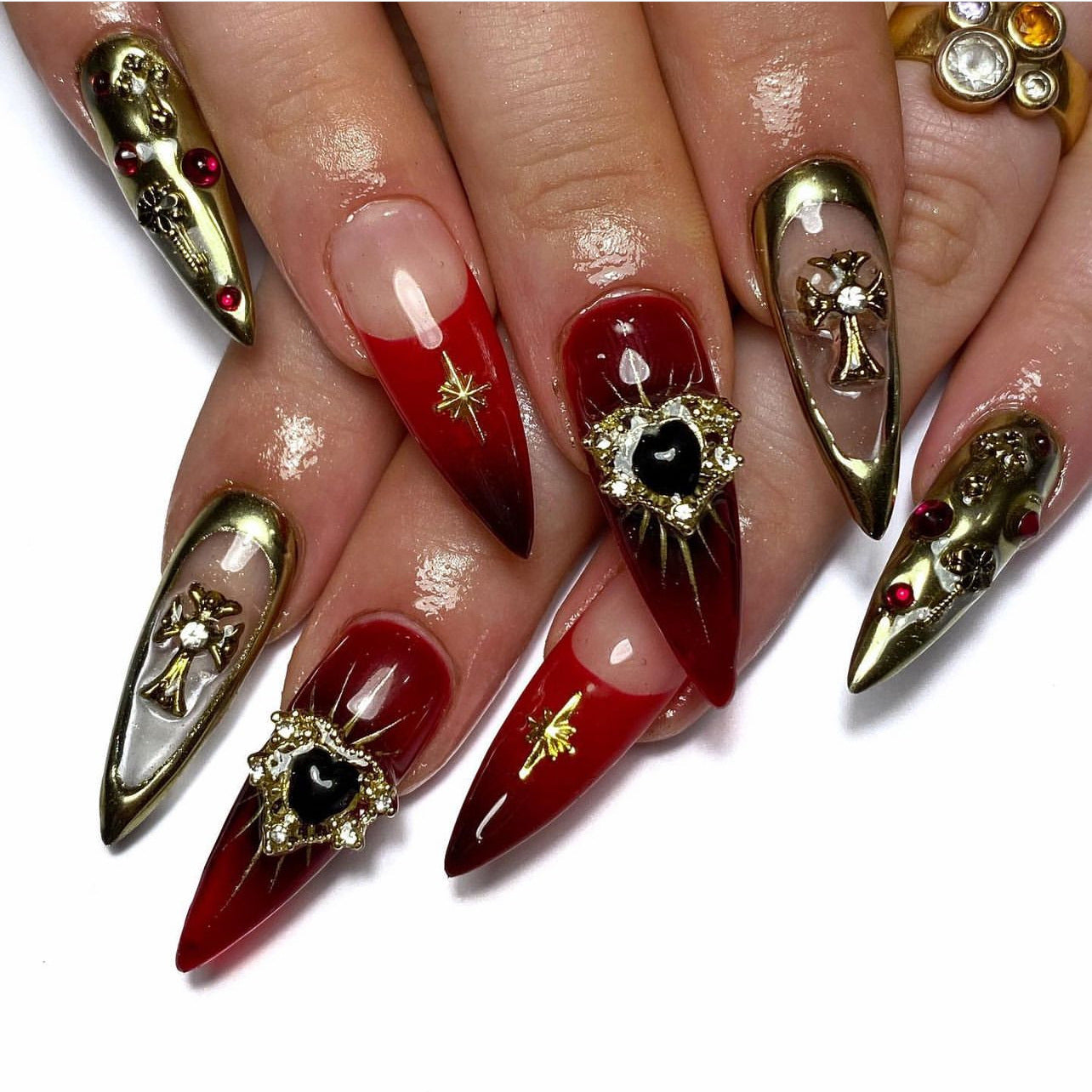 Gothic Elegance Long Stiletto Red and Gold Press On Nail Set with Unique Gemstone Accents
