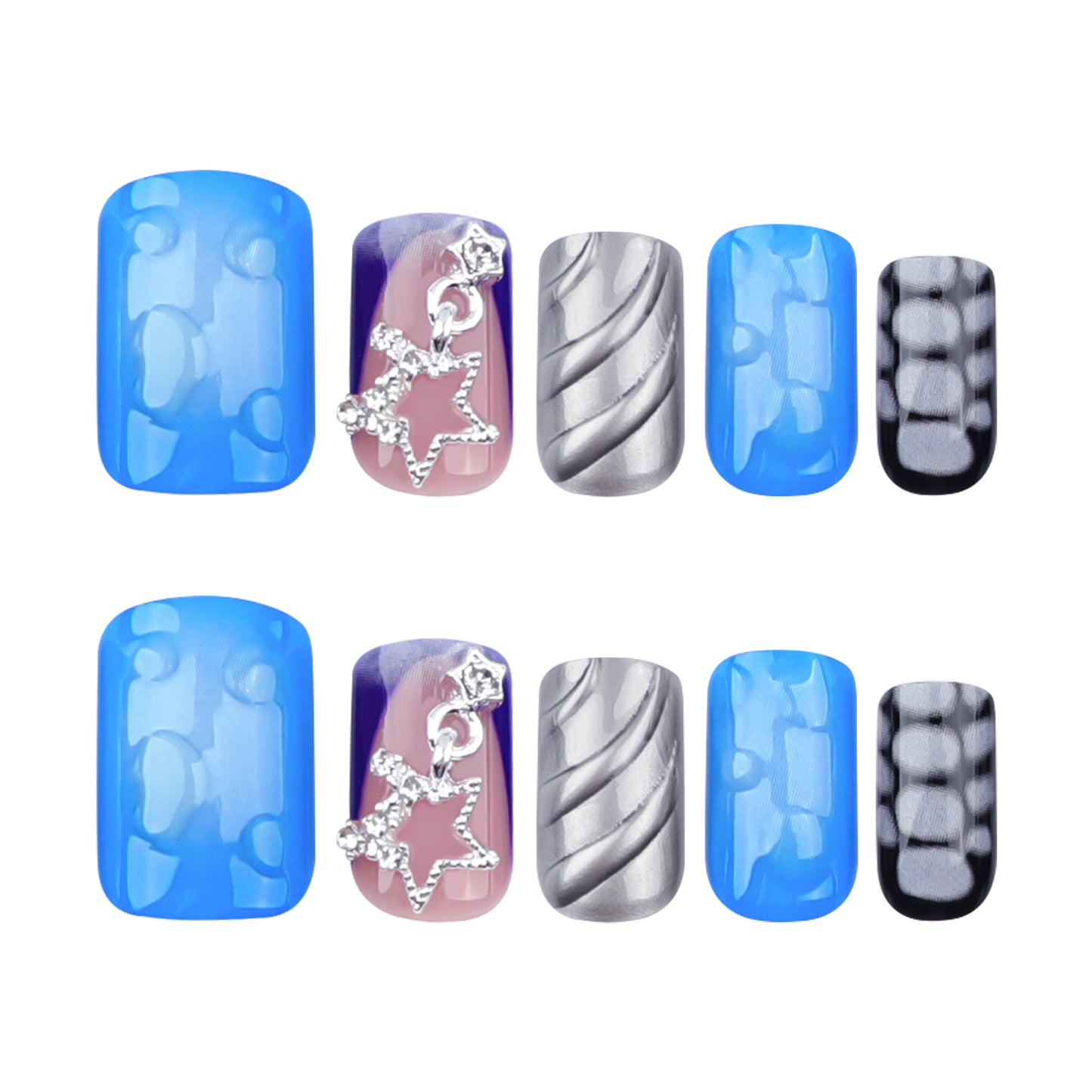 Celestial Vibes Press on Nail Set in Short Square Sky Blue Iridescent Holographic with Star Charm and Swirl Designs