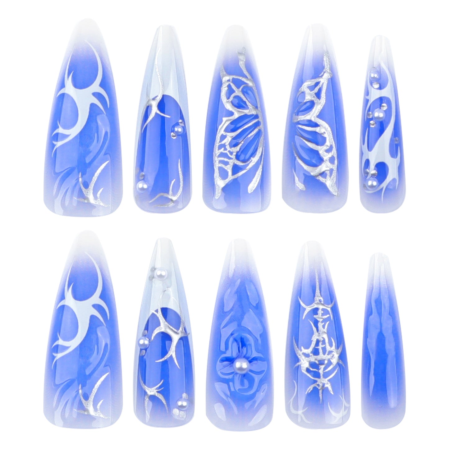Celestial Dream Vibrant Long Stiletto Blue Ombre Press On Nail Set with Intricate Silver Designs