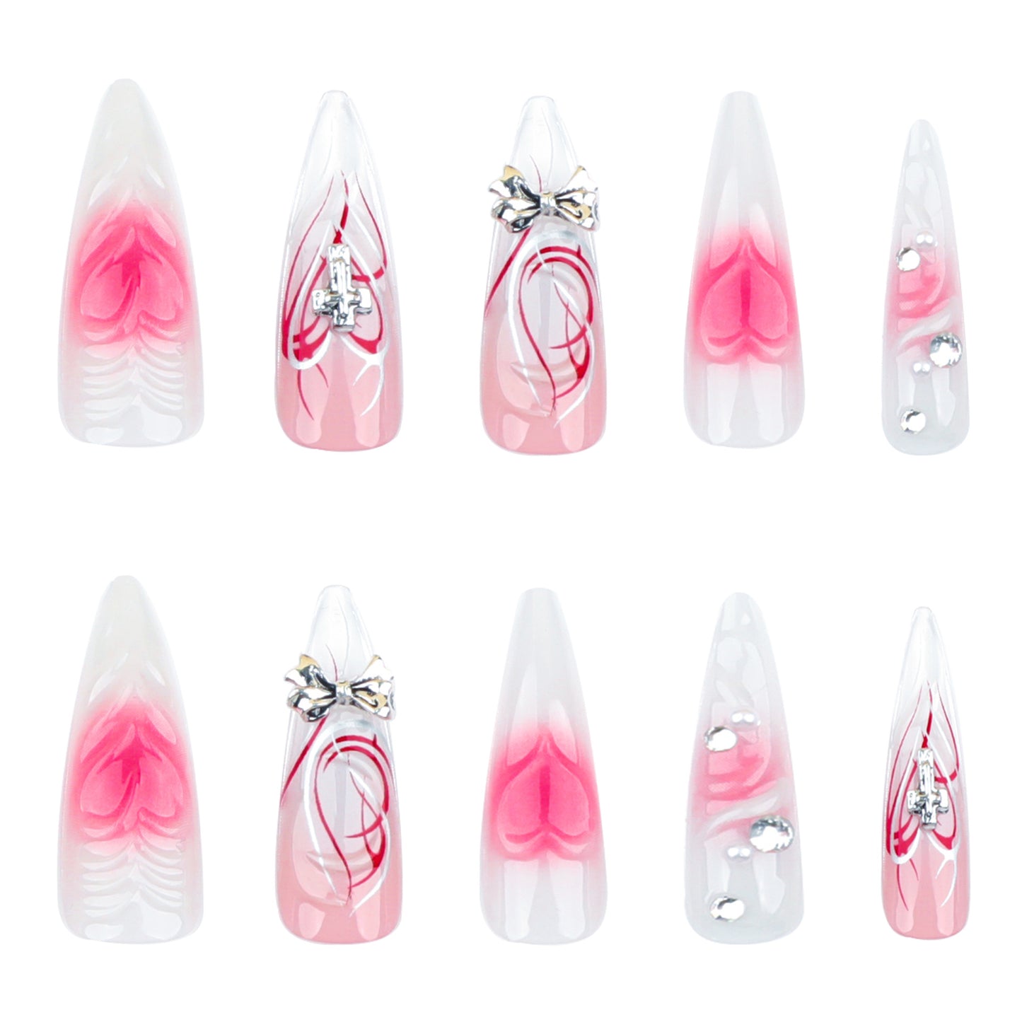 Dreamy Romance Elegant Stiletto Long Pink Ombre Design with Dazzling Gem Accents